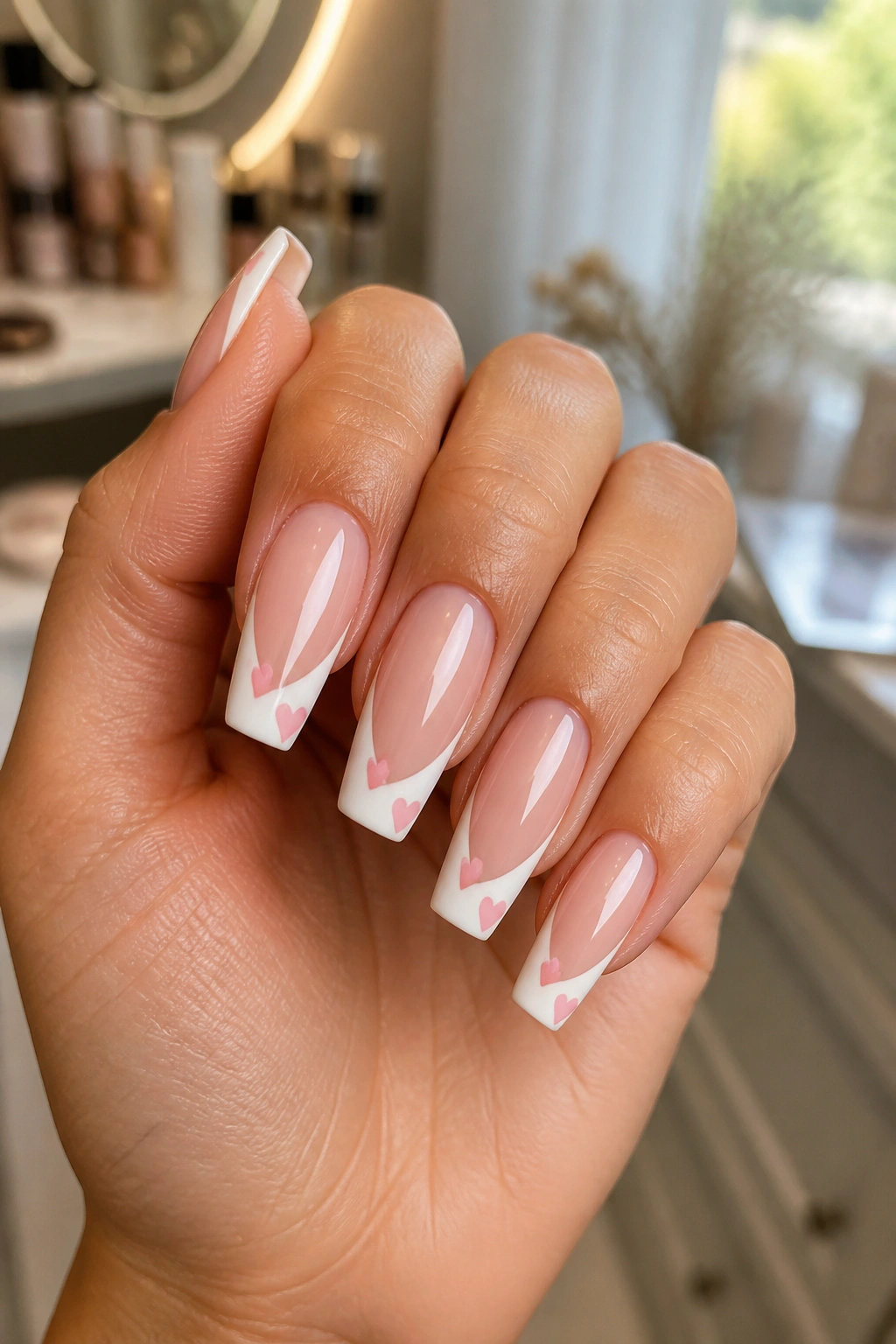 Close-up of a hand's coffin nails with blush side-swoop French tips and corner hearts