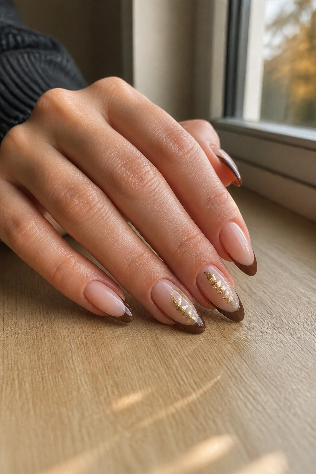 Close-up of hand with brown French tips and gold foil accent