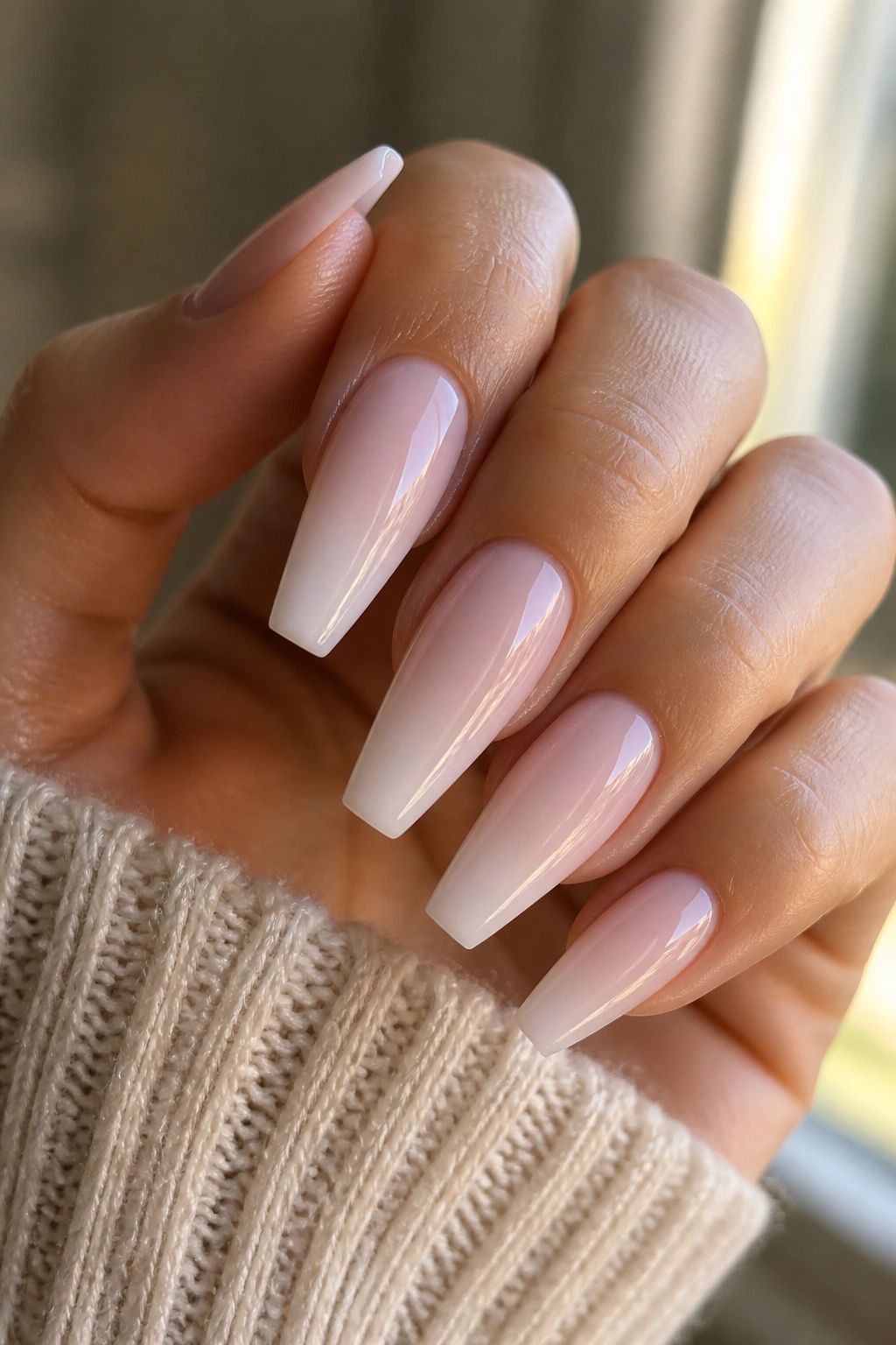 Close-up of a hand with milky pink French fade ballerina nails in warm light