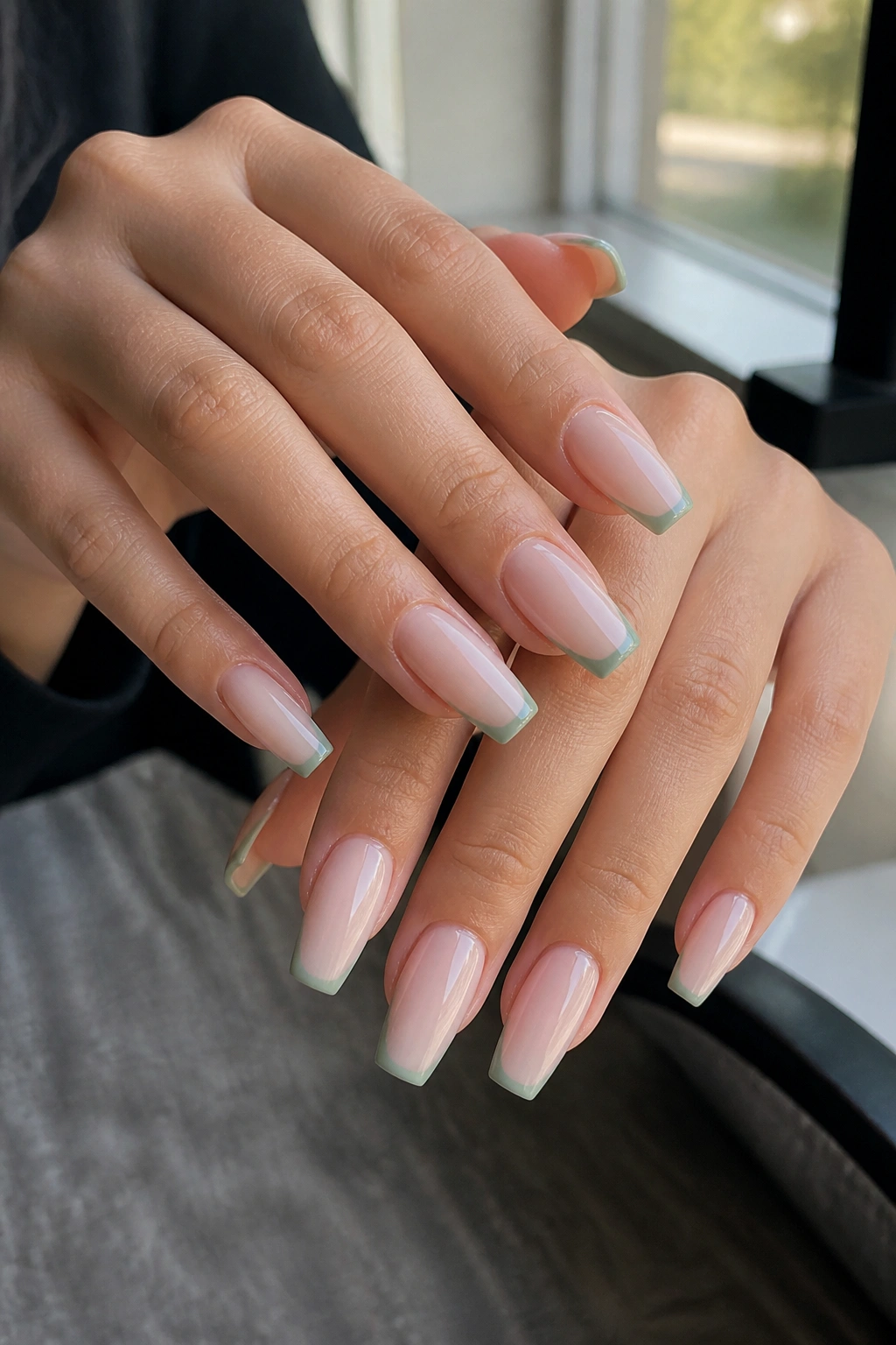 Close-up of nails with precise coffin shape and sage micro tip.