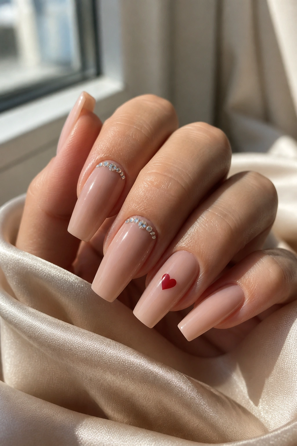 Close-up of crystal cuticle half-moon nails with a heart accent