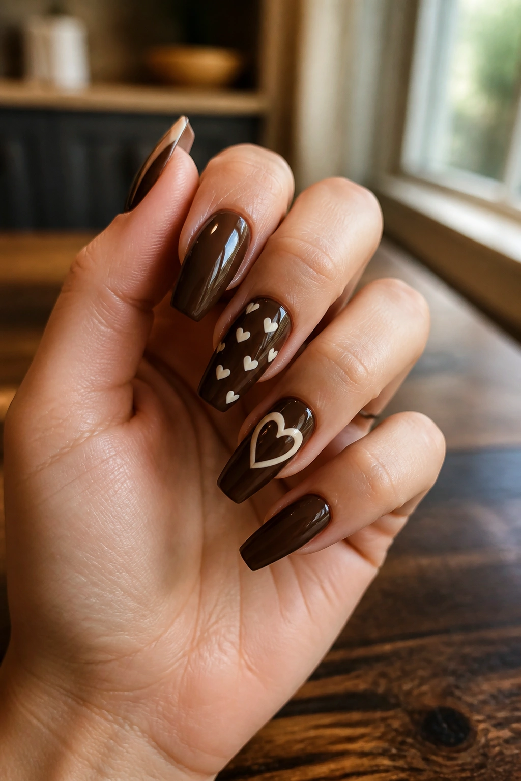 Close-up of espresso brown coffin nails with cream hearts