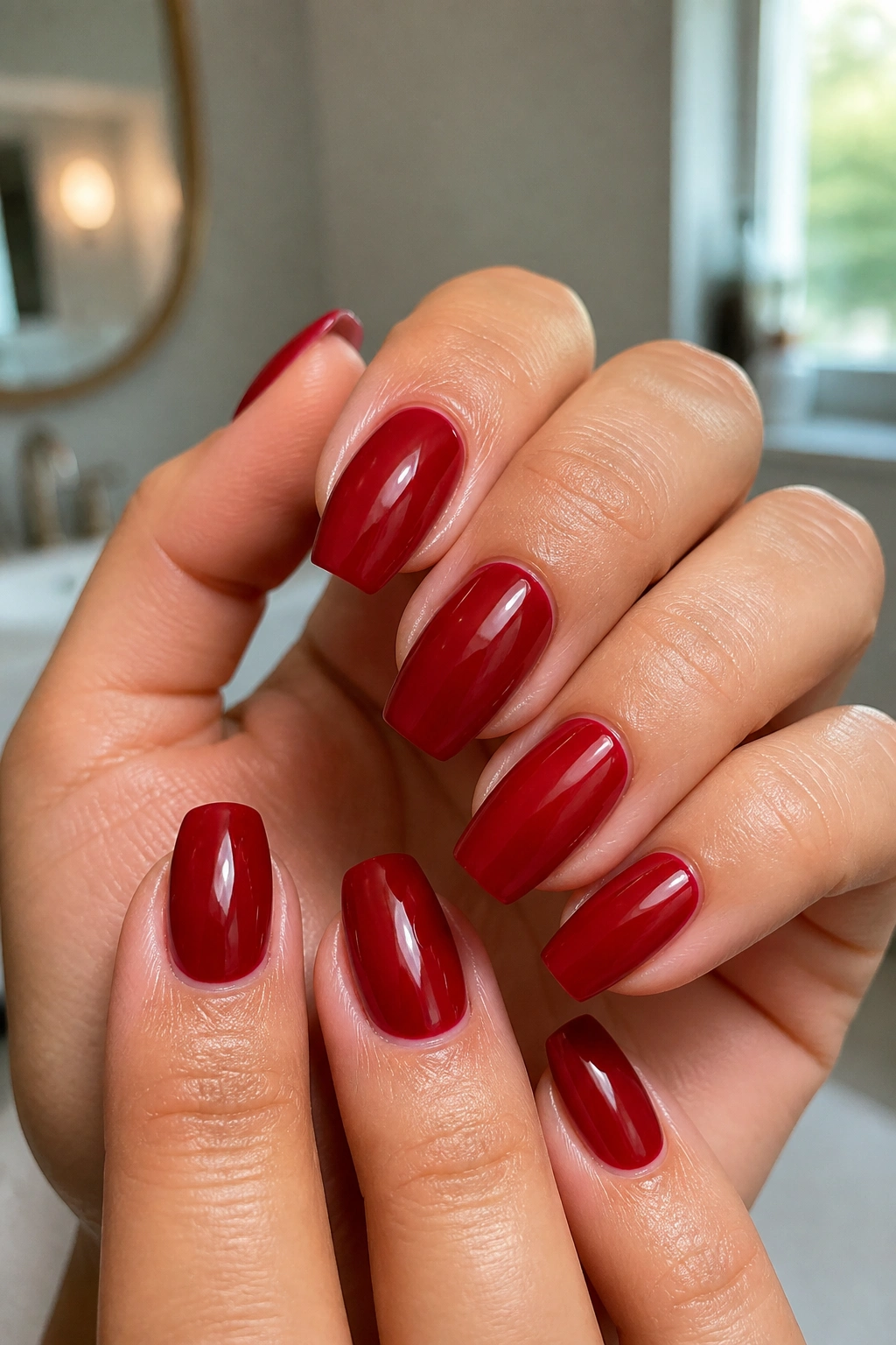 Close-up of nails showing length and red tone
