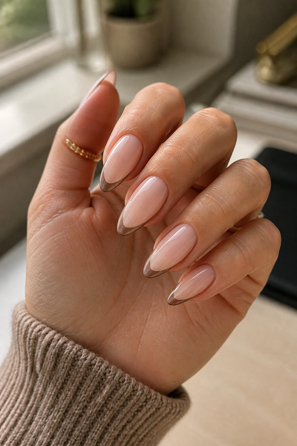 Close-up of almond nails with taupe outline French tips