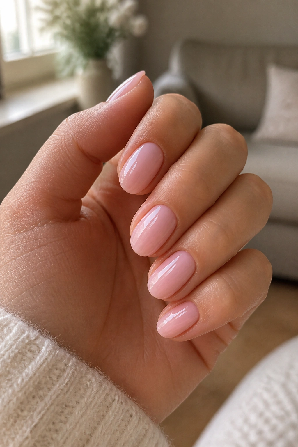 Close-up of a real hand showing short oval gel extension nails in milky pink manicure