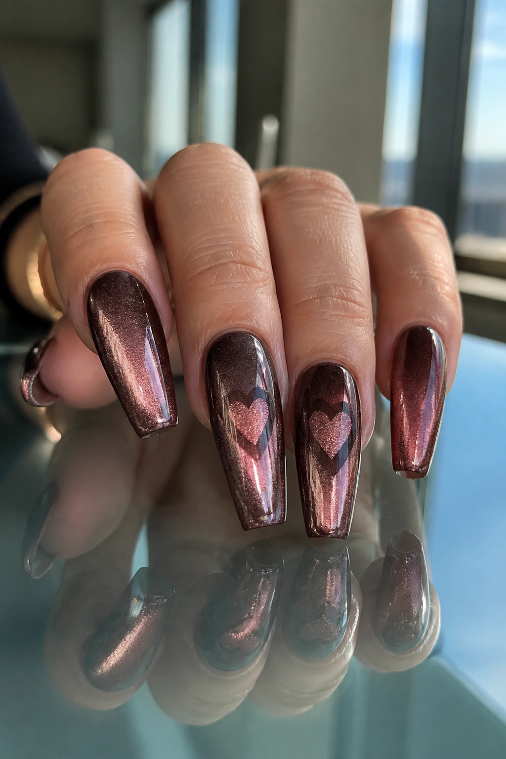 Close-up of rose gold cat-eye coffin nails with magnetic hearts