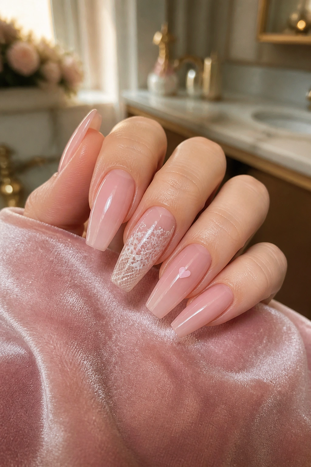 Close-up of sheer pink coffin nails with tiny lace panels and hearts