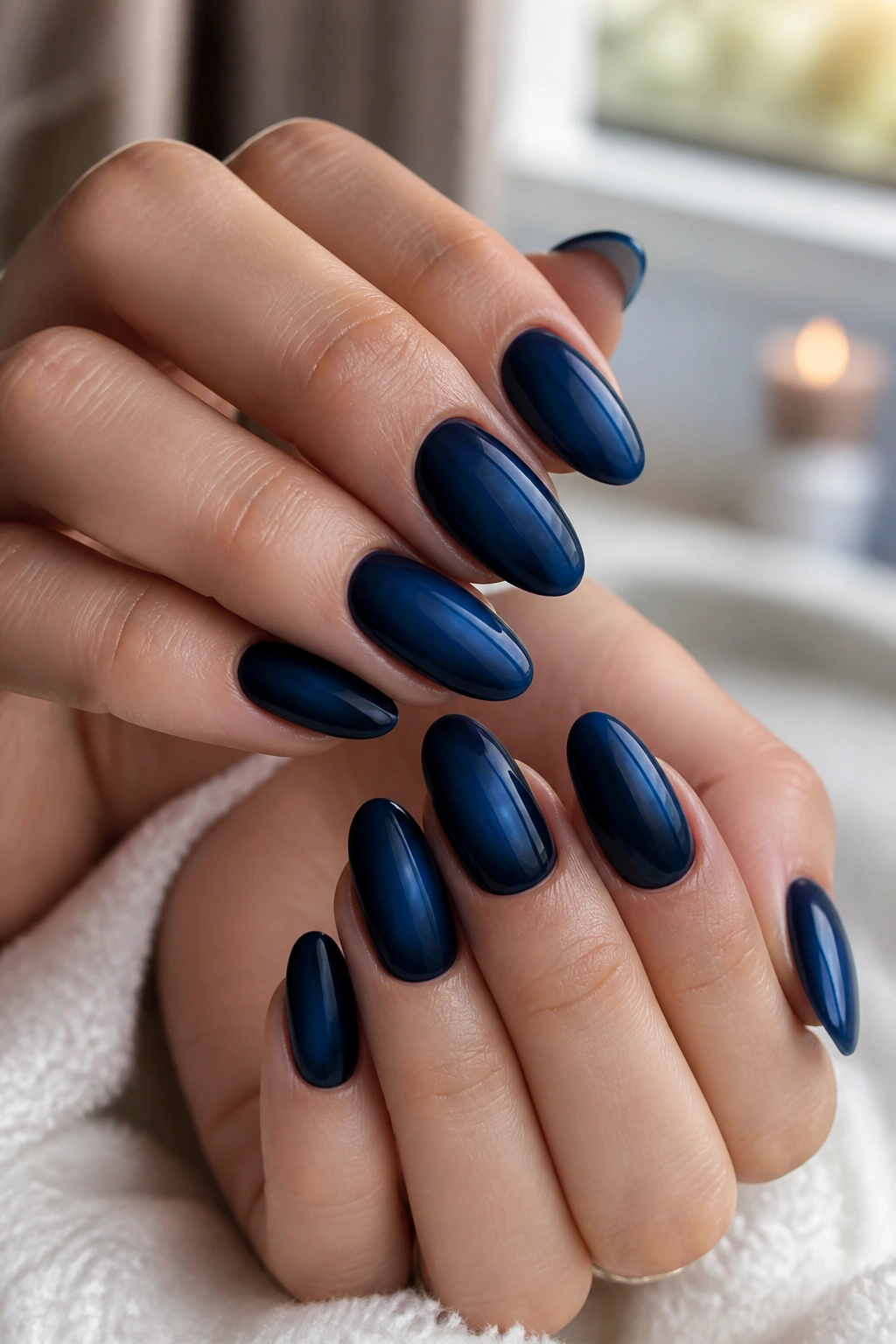 Almond nails with navy base and soft ink-blue center glow