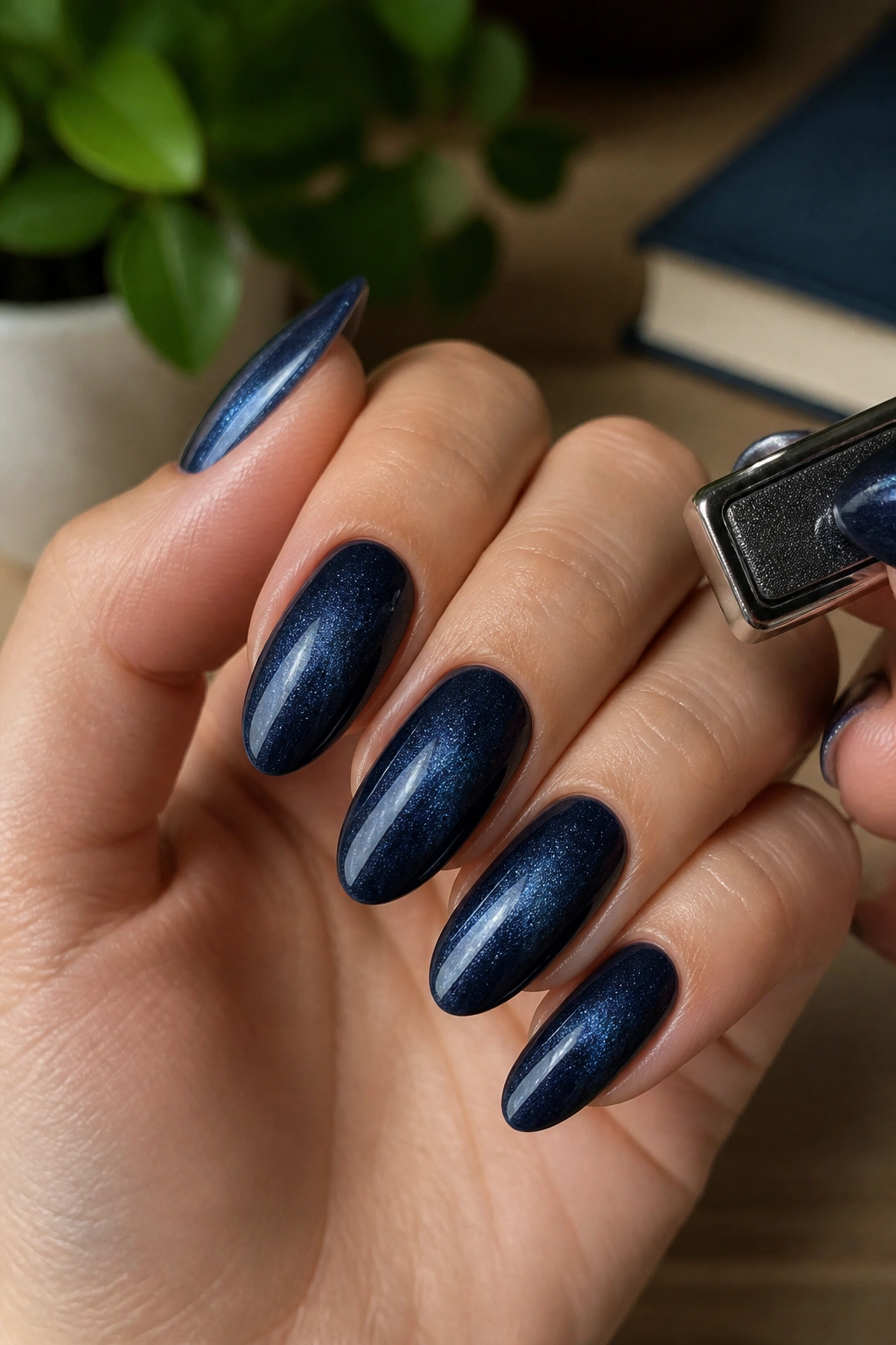 Velvet cat-eye navy nails close-up on real hand showing shifting shimmer
