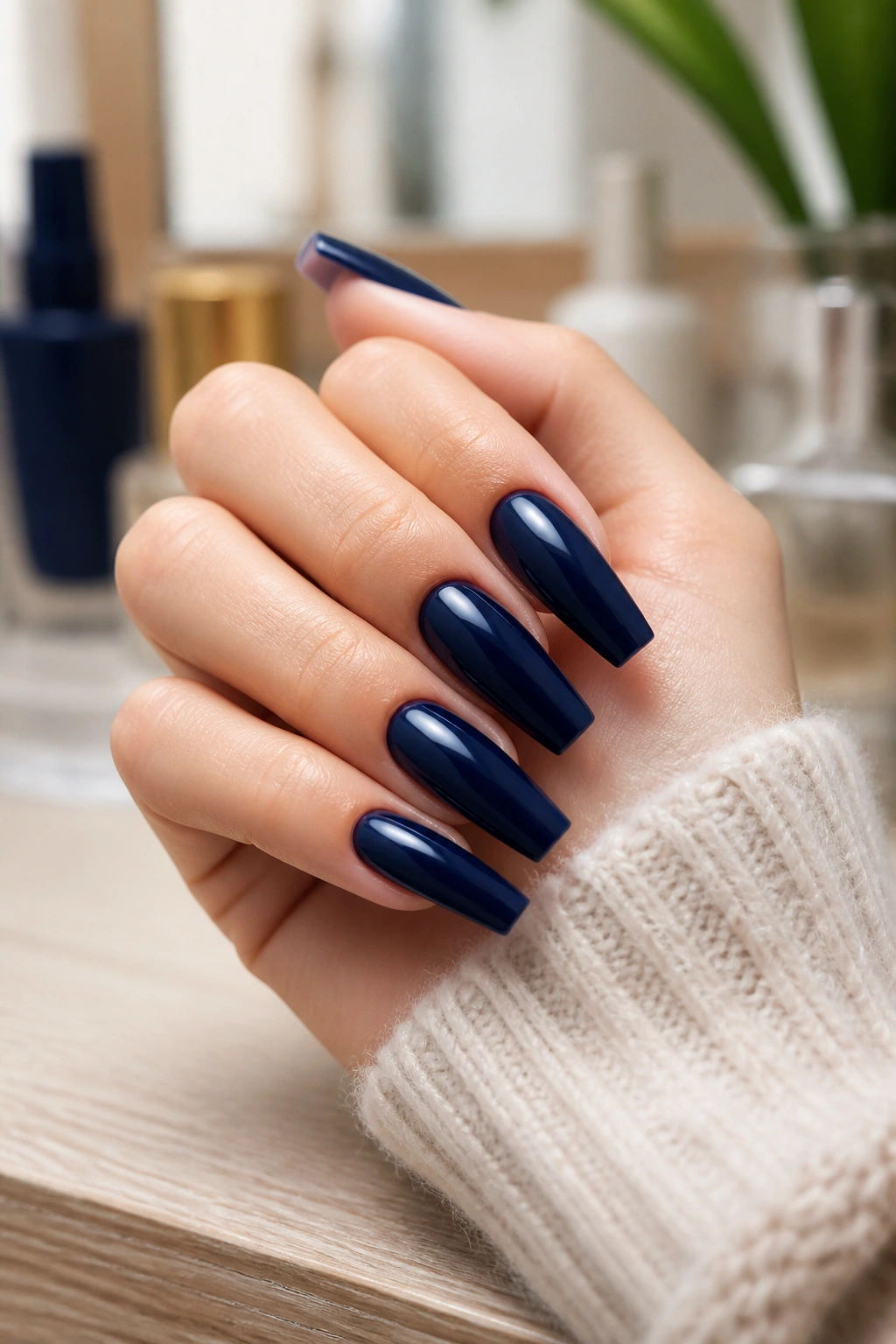 Real hand with neatly shaped navy coffin nails and clean cuticles on a vanity