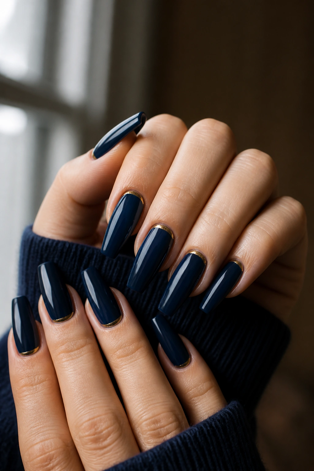 Close-up of navy coffin nails with gold cuticle arc on a real hand