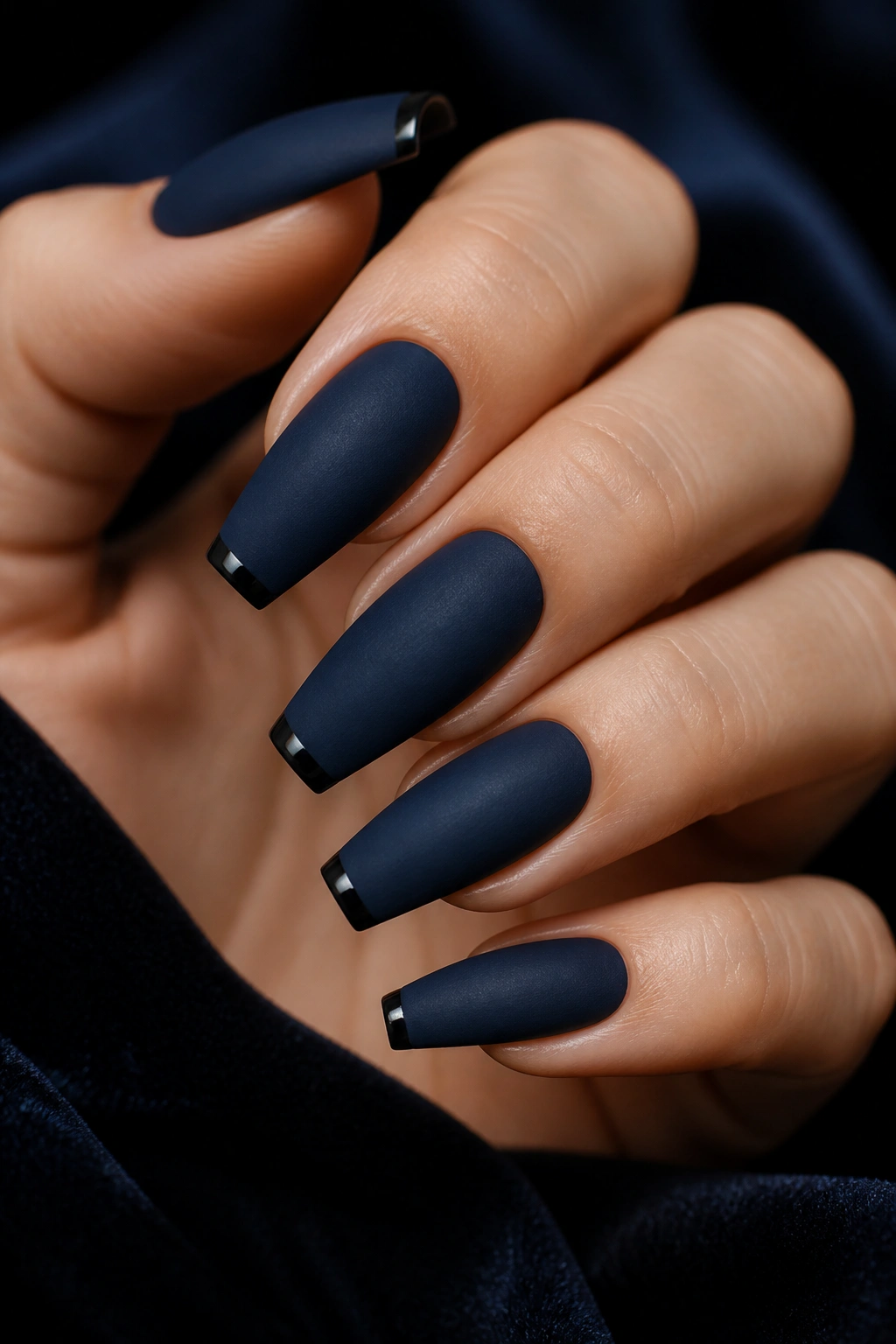 Navy matte coffin nails with glossy micro-tips on a hand