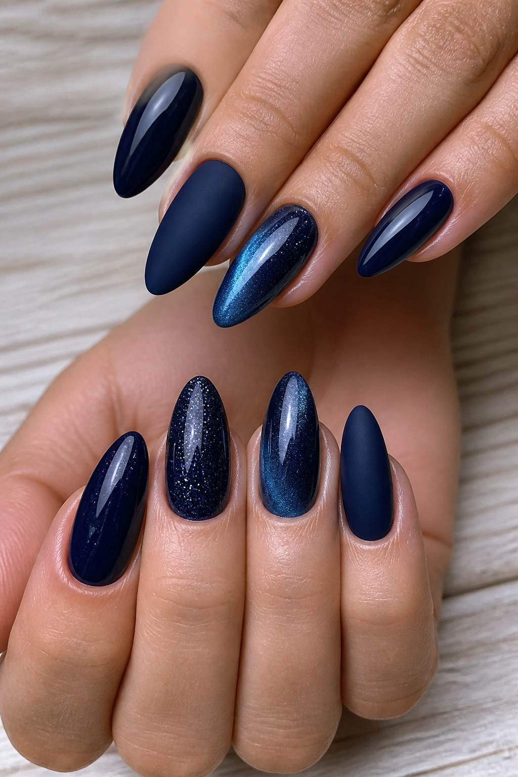 Almond nails in navy with mixed finishes for a skittle manicure