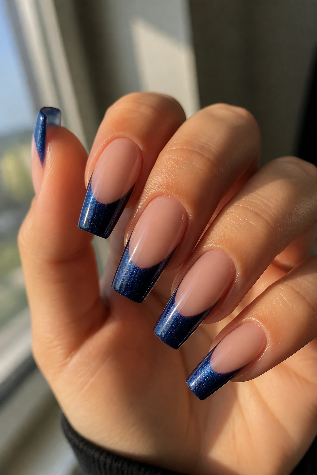 Velvet cat-eye navy French tips on coffin nails