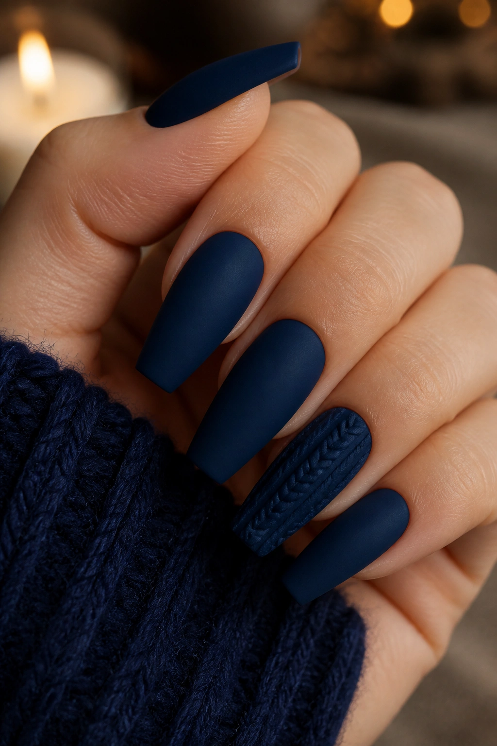 Close-up of navy coffin nails with knit texture on an accent nail