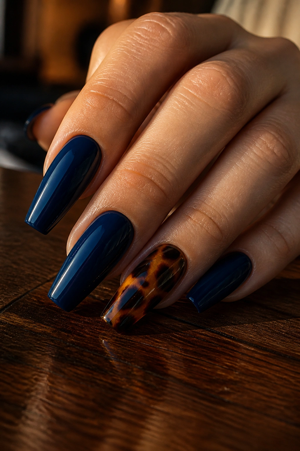 Navy and tortoiseshell accent coffin nails on a real hand