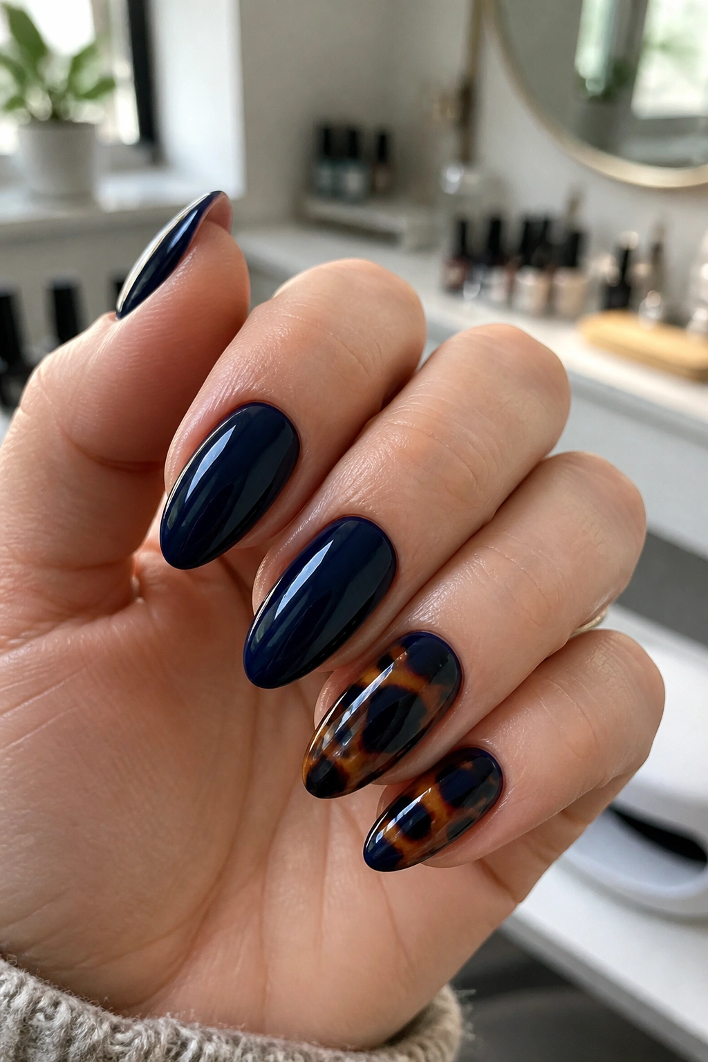 Navy nails with tortoiseshell accents on almond nails in a salon setting