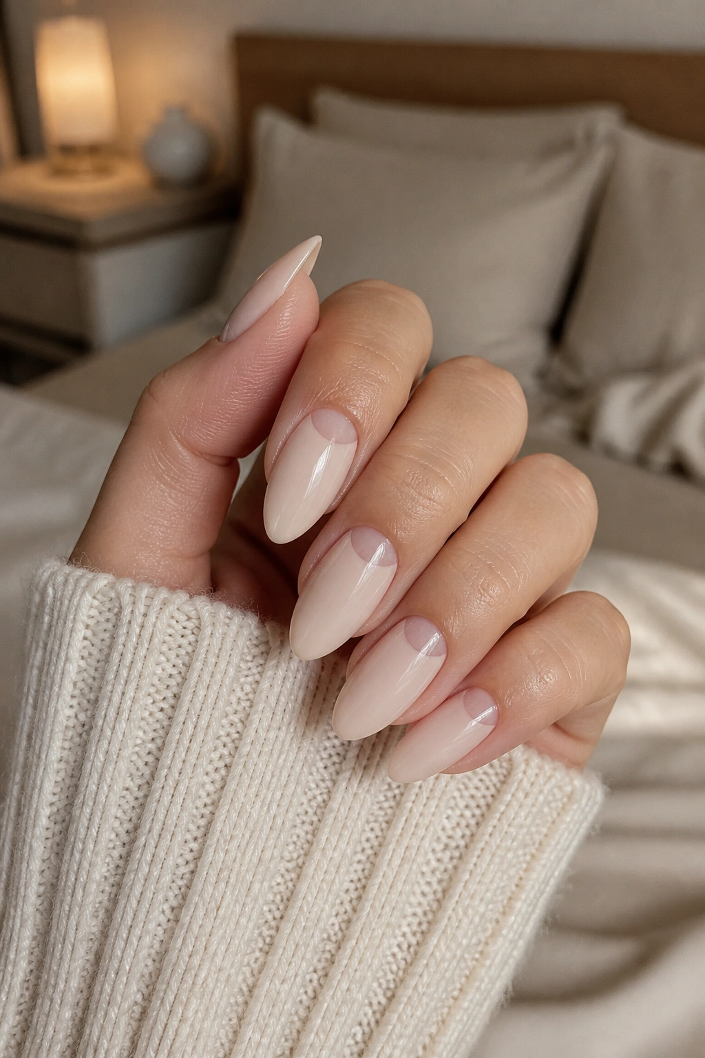 Close-up of real hand with negative space half-moon almond nails
