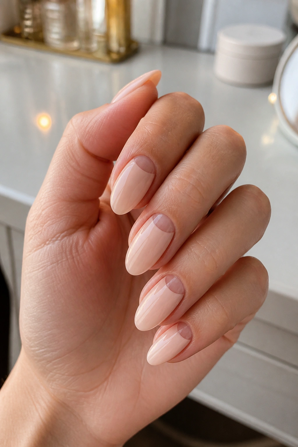Close-up of negative-space half-moon nude almond nails on real hand