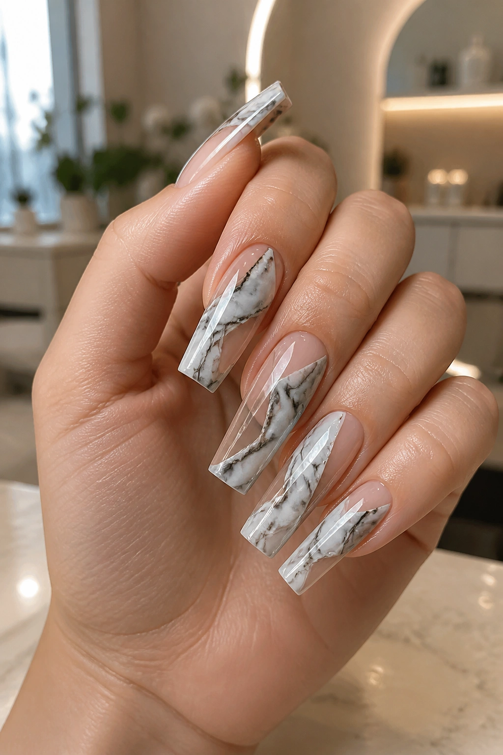Coffin nails with marble and clear negative-space panels on a hand
