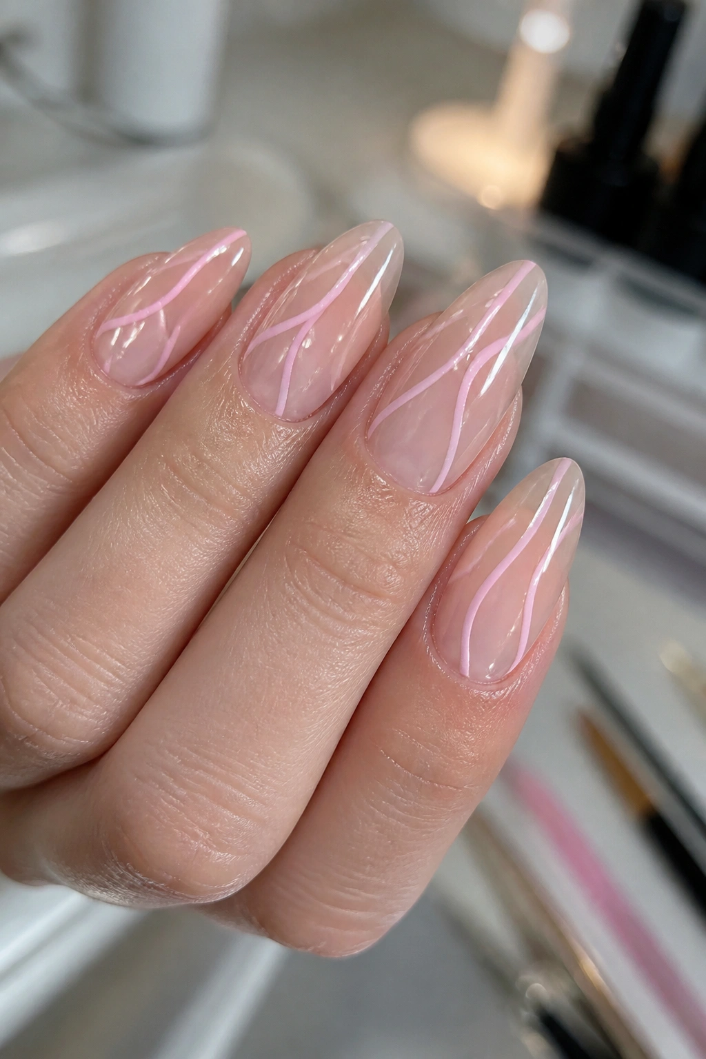 Close-up of negative space pink lines on clear gel nails