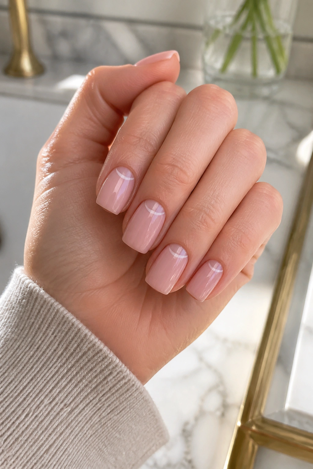 Close-up of negative-space cuticle crescent design on short coffin nails.