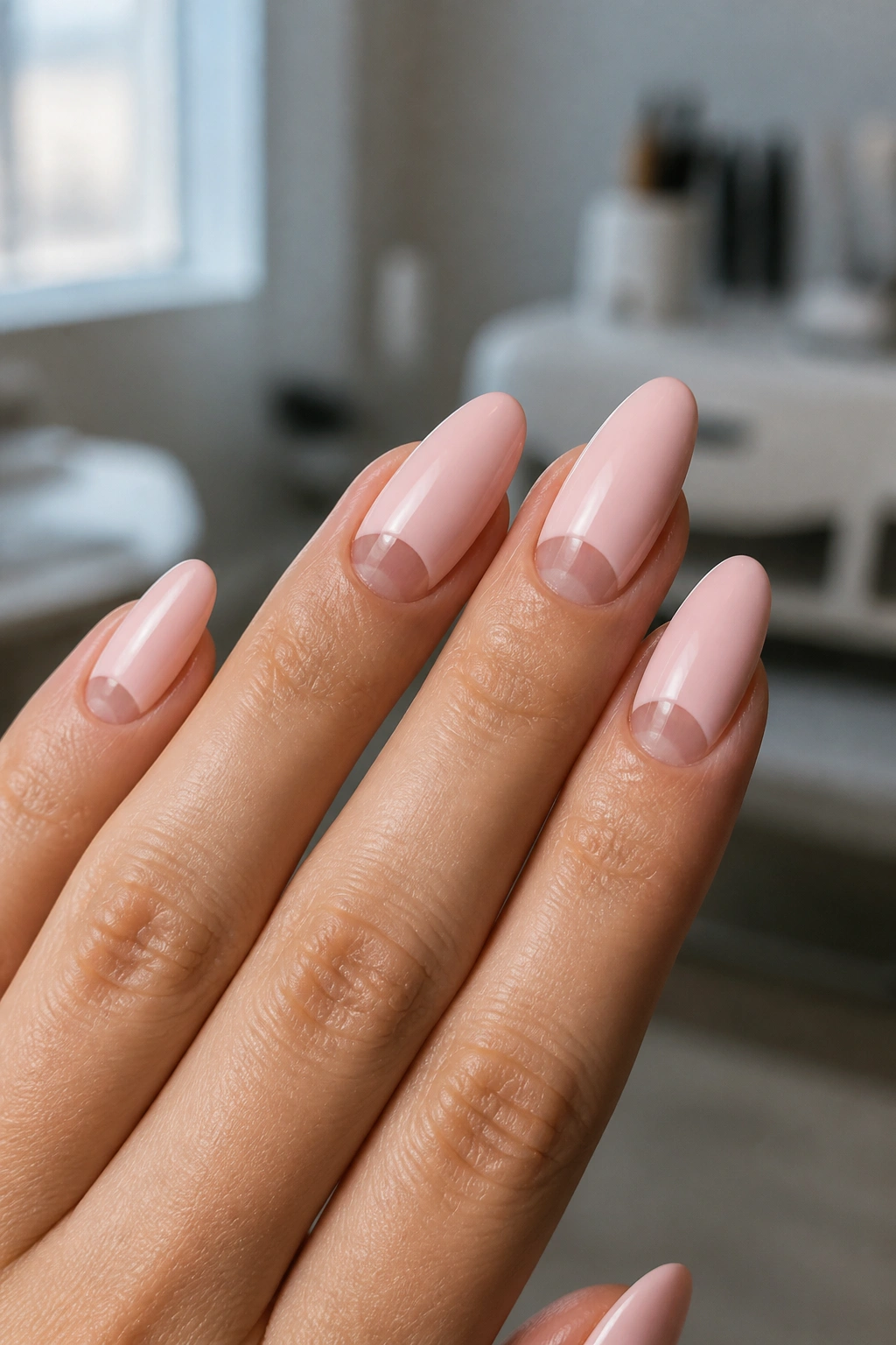 Close-up of almond nails with negative space half-moon design near cuticle