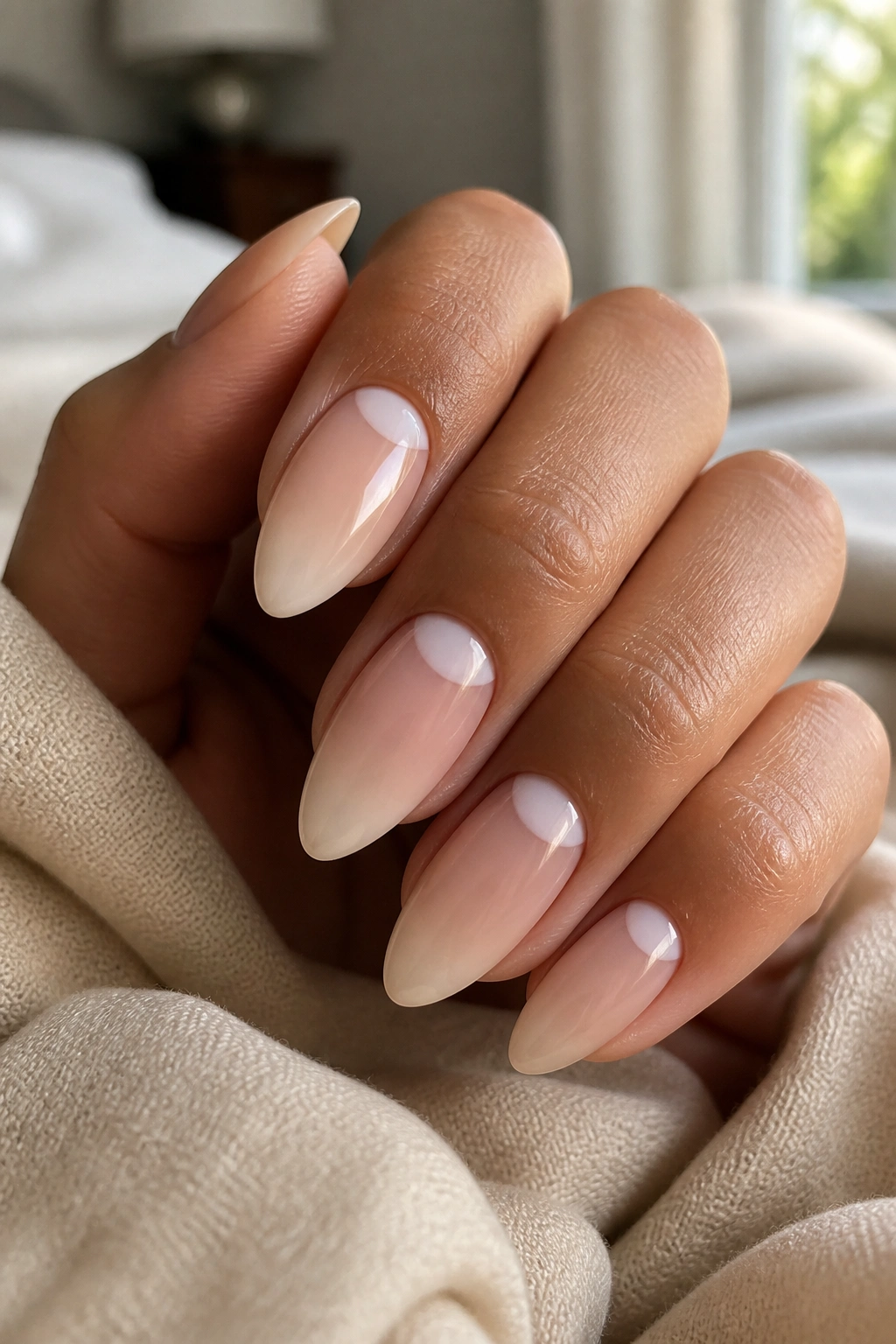 Close-up of almond nails with negative-space nude ombre and bare crescent