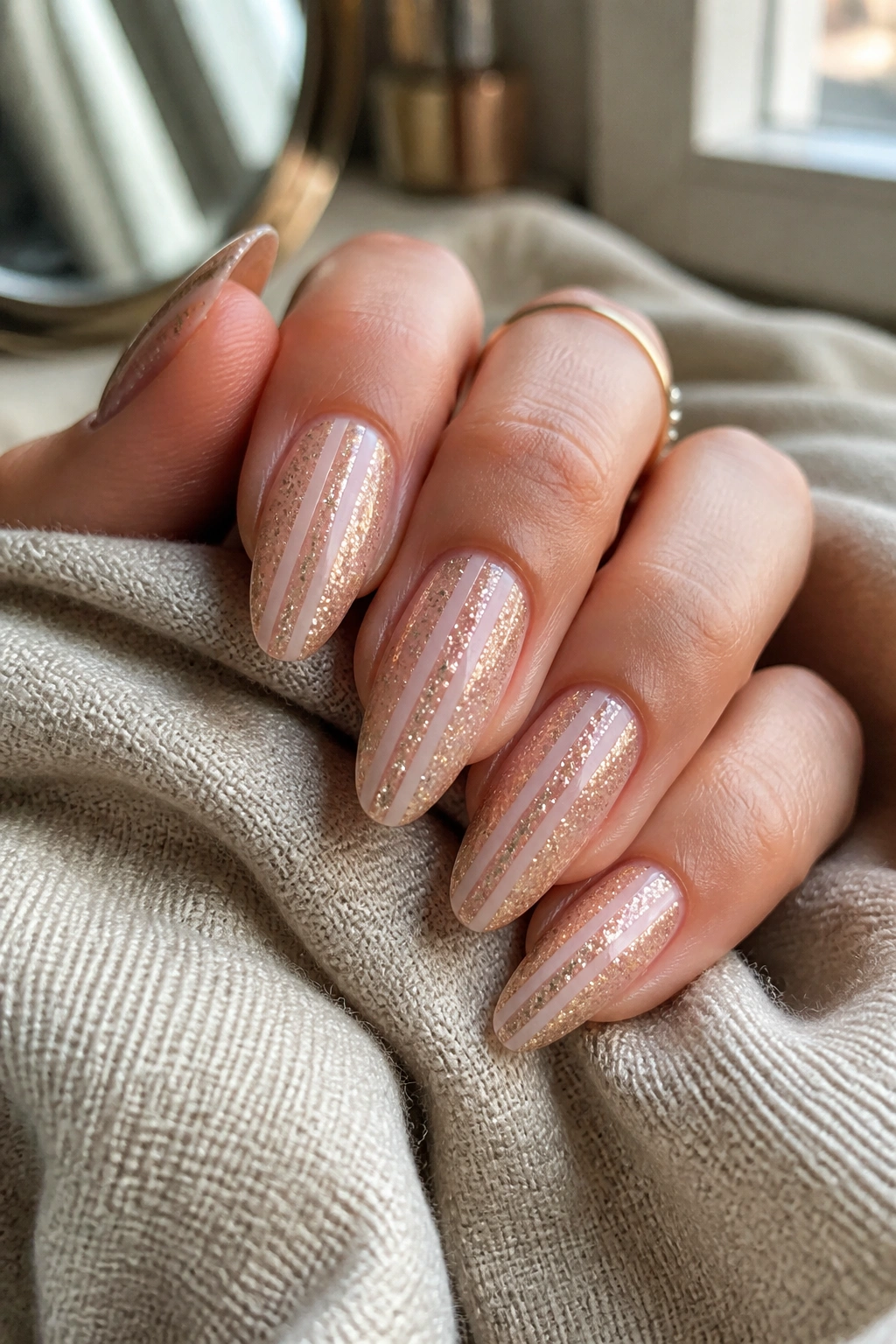 Close-up of almond nails with negative-space glitter stripes on a real hand