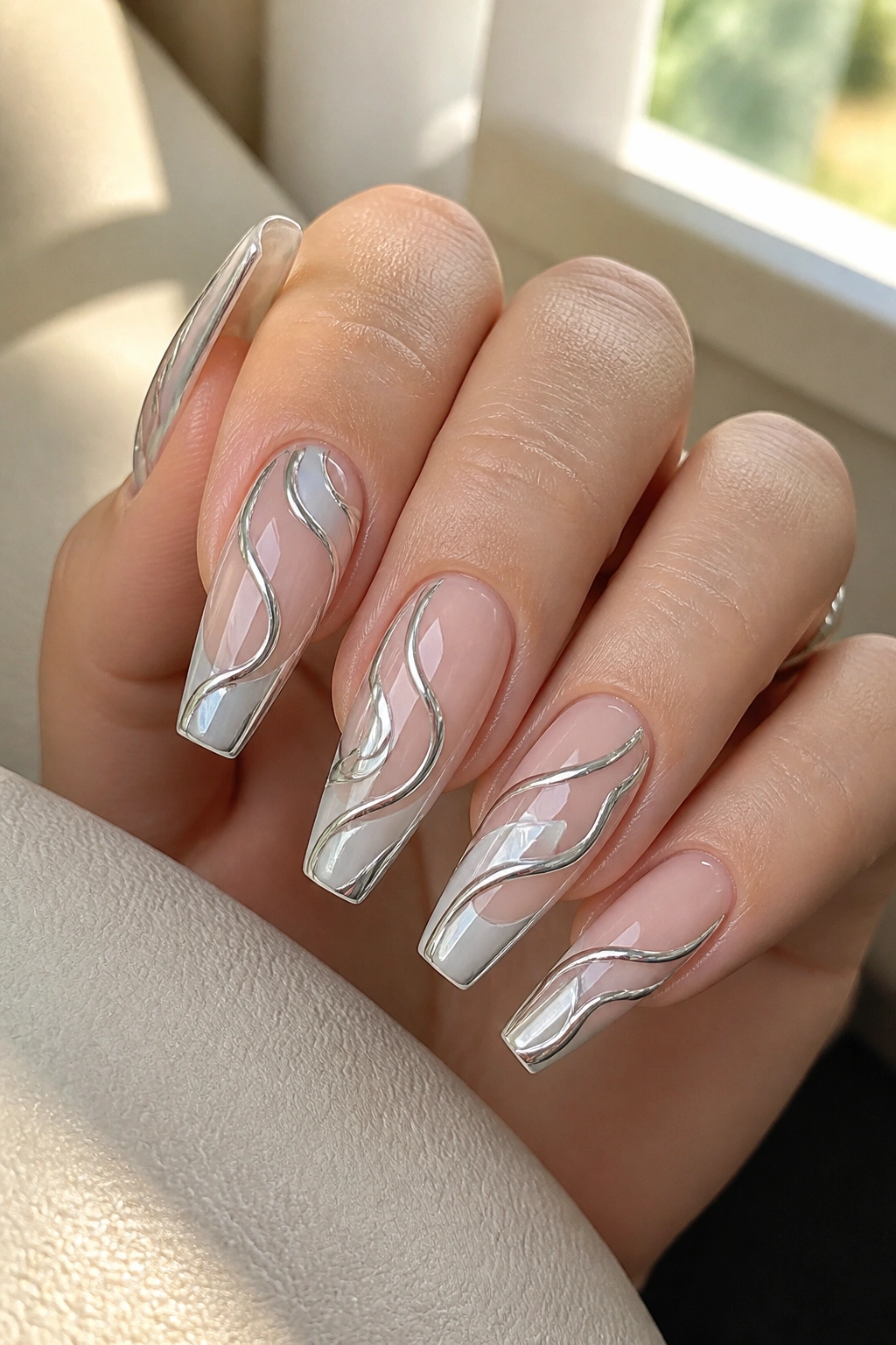 Close-up of negative space silver swirl coffin nails on real hand