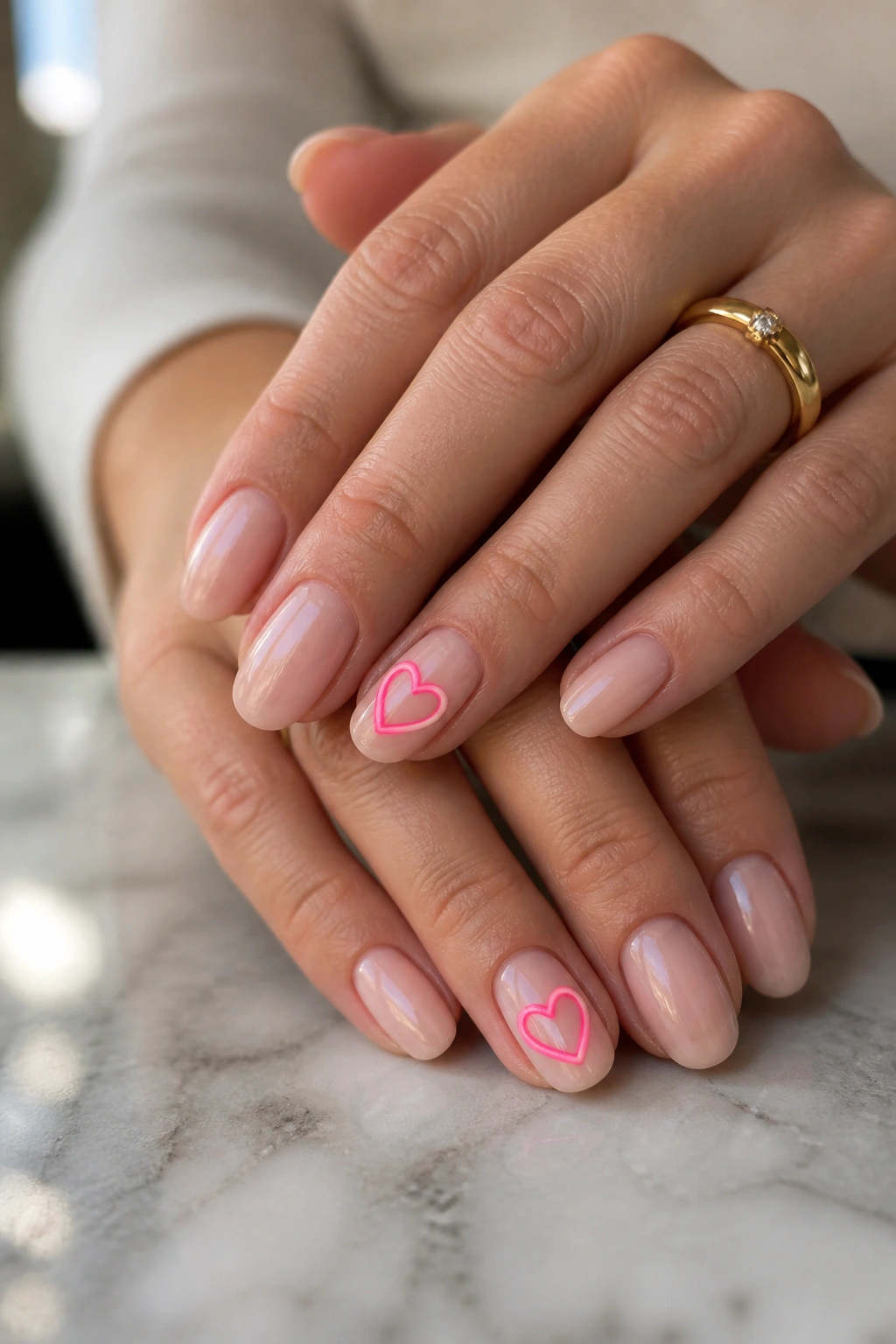 Close-up of hands with neon heart accent nails on a nude base