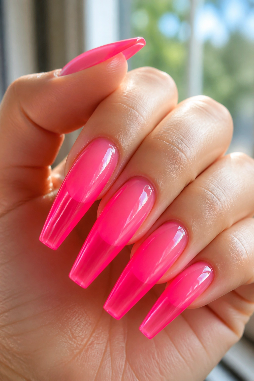 Close-up of neon hot pink jelly coffin nails with translucent glow