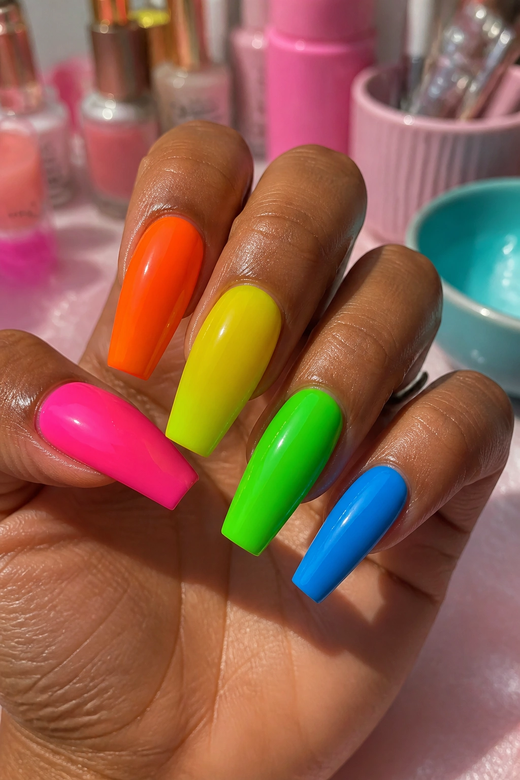 Close-up of rainbow neon skittle coffin nails on a real hand