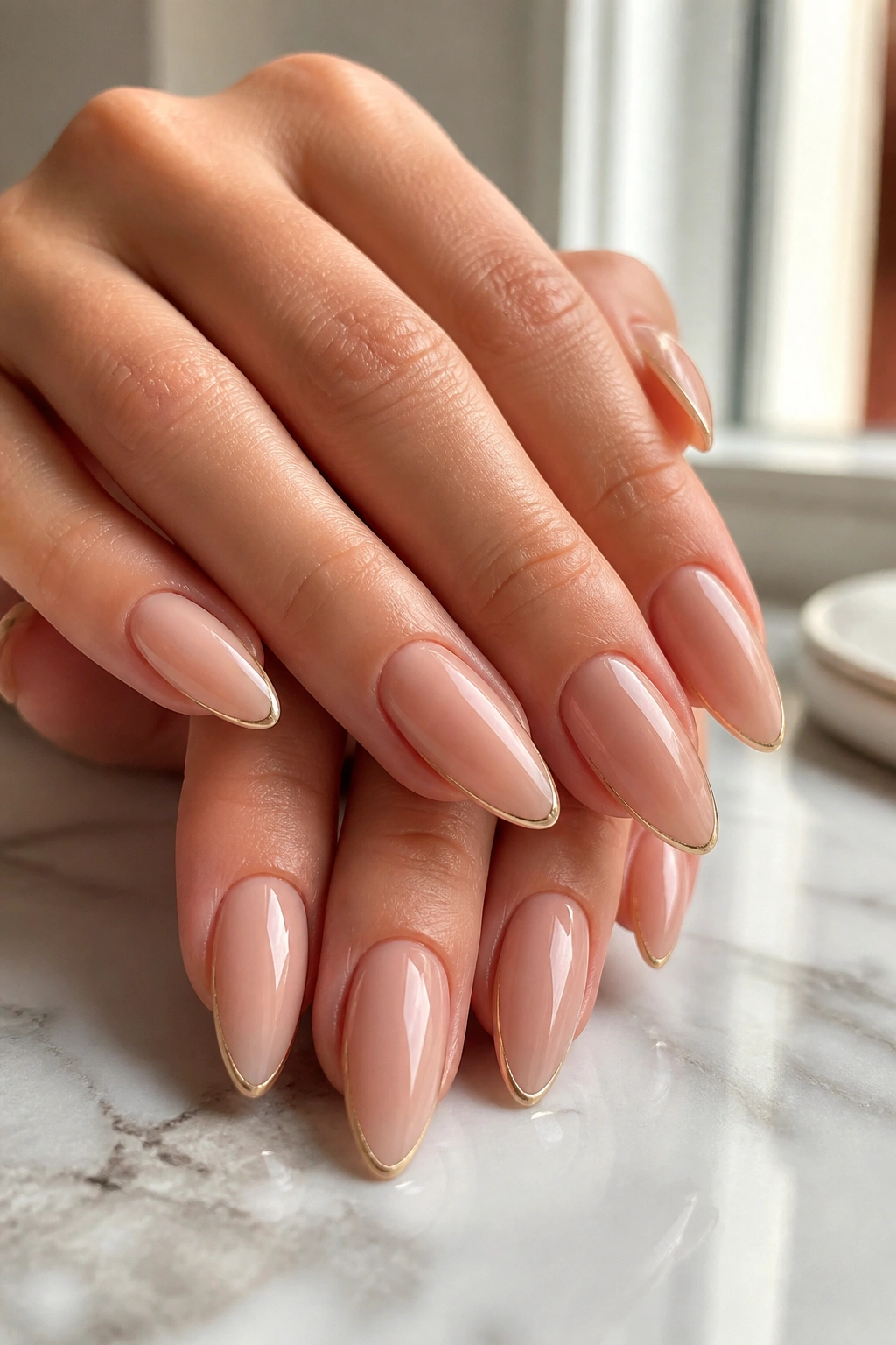 Close-up of nude almond nails with a thin gold line on gel extensions, on a real person's hands in natural window light