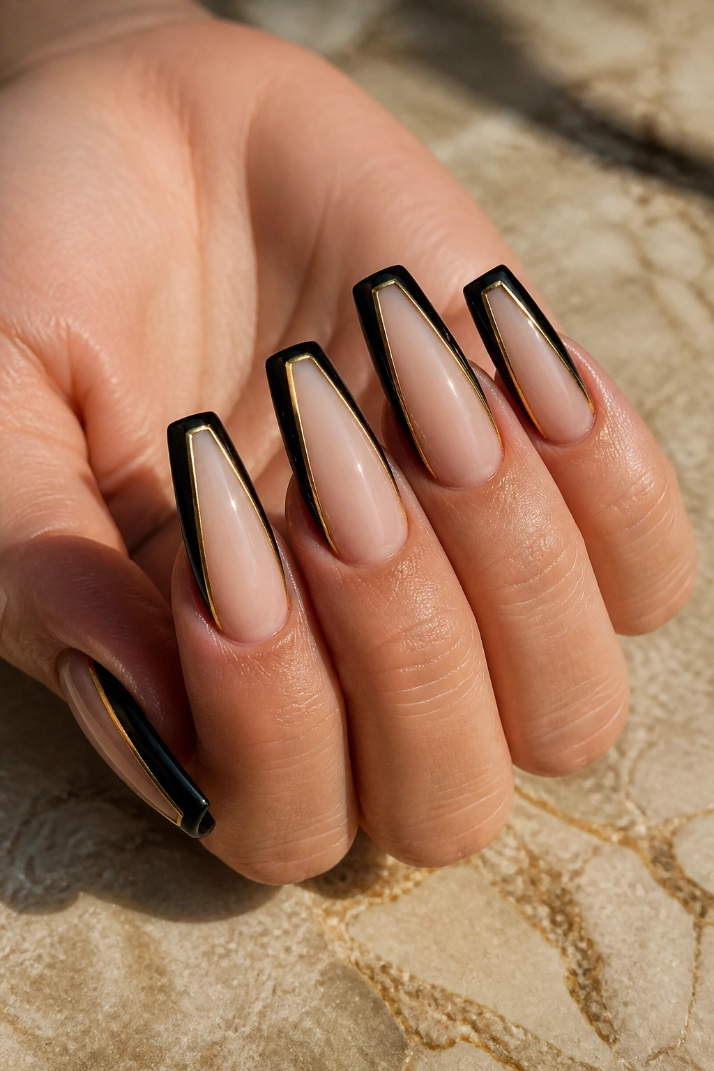 Nude base coffin nails with black sidewalls and gold outline