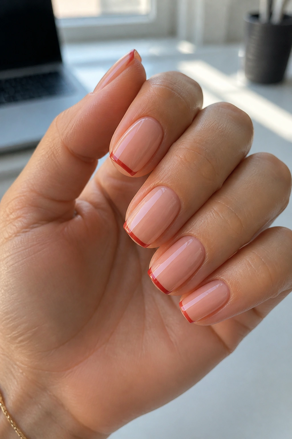 Nude base with red micro-French tip on coffin nails