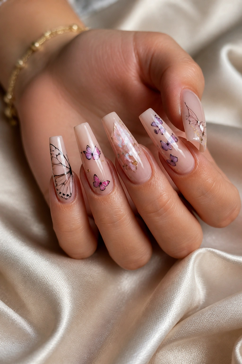 Close-up of nude-base butterfly coffin nails with mismatched art on a real hand