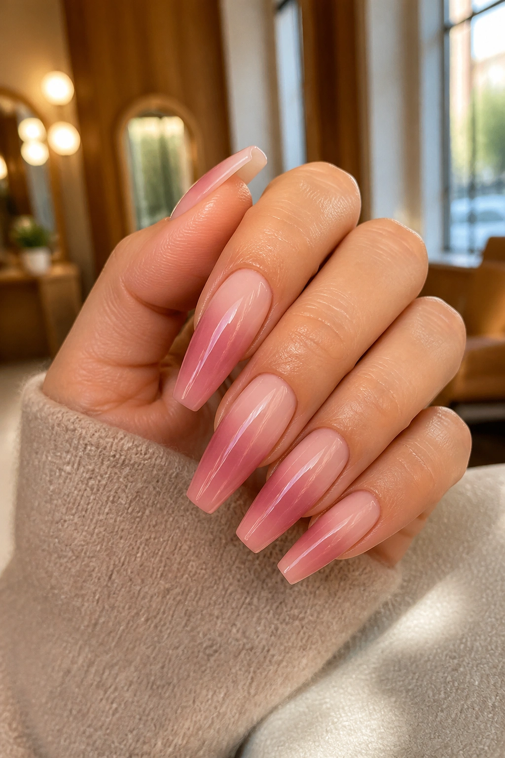 Close-up of nude blush base with rosy mid-fade coffin nails on a real hand in a warm salon