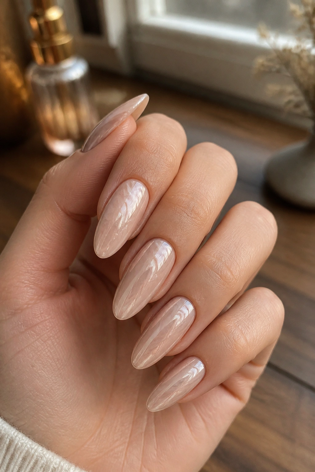Close-up of nude chrome almond nails with soft beige-marble veins on a real hand