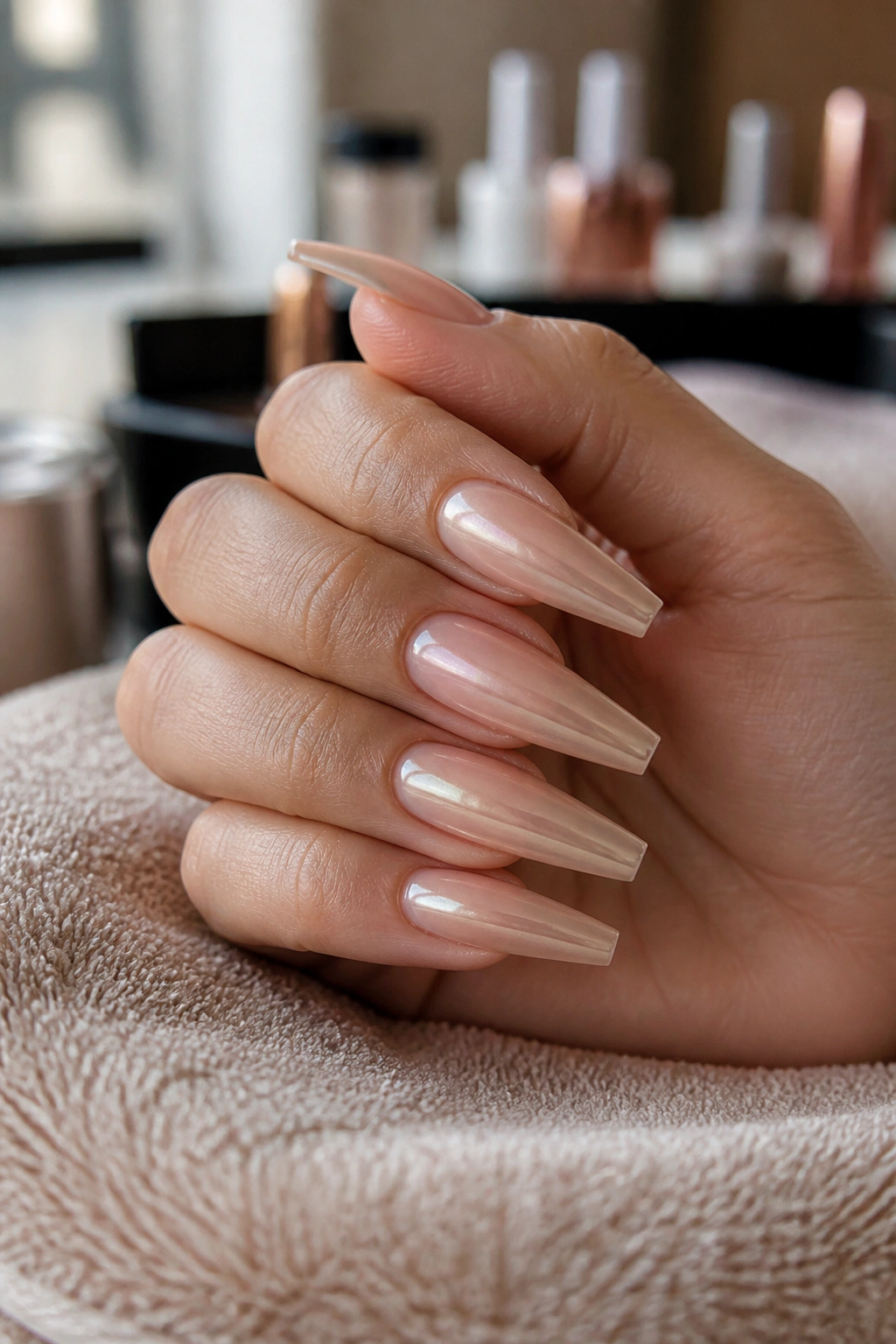 Close-up of nude chrome coffin nails on a real hand with sheer beige base and pearl chrome, in a salon setting