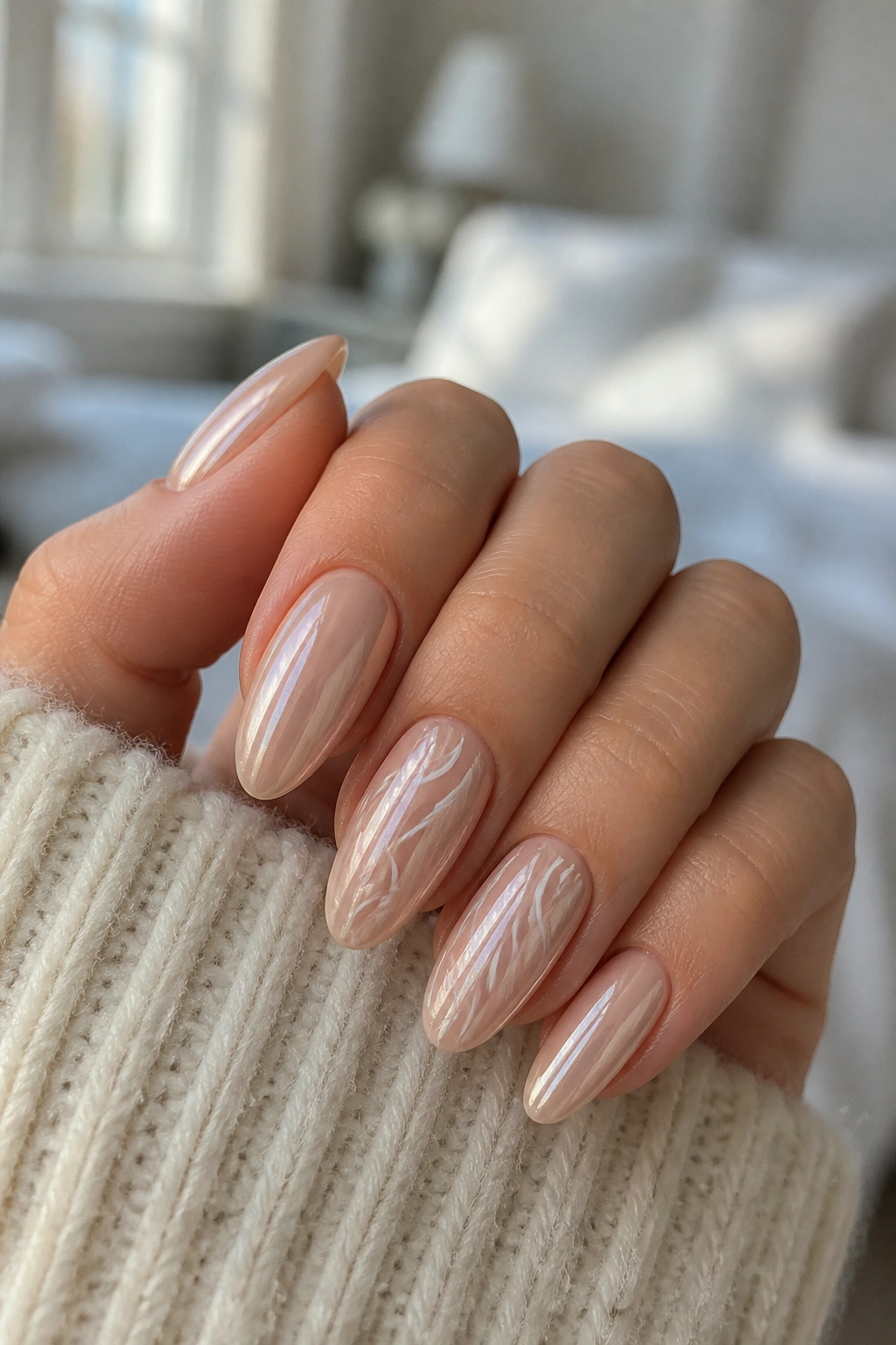 Close-up of almond nails in nude chrome with white swirl accents