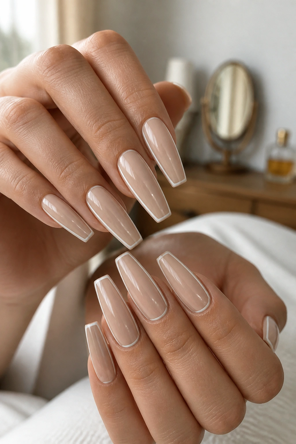 Close-up of nude coffin nails with a thin ivory side outline on a real hand