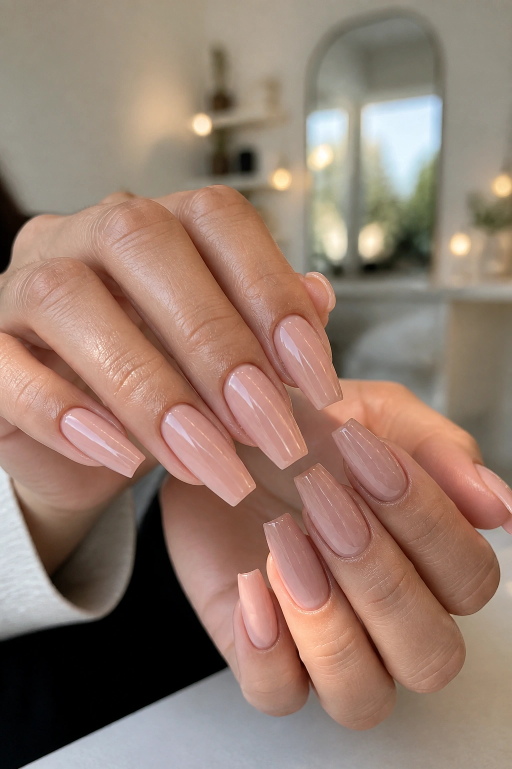 Close-up of real hands with nude coffin nails in a salon setting