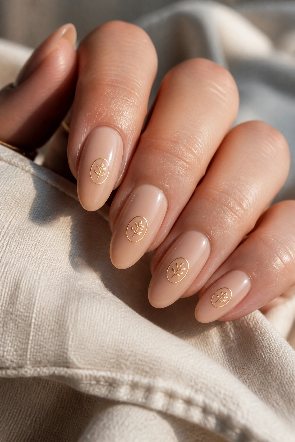 Almond nails with nude base and small foil seal accent on each nail
