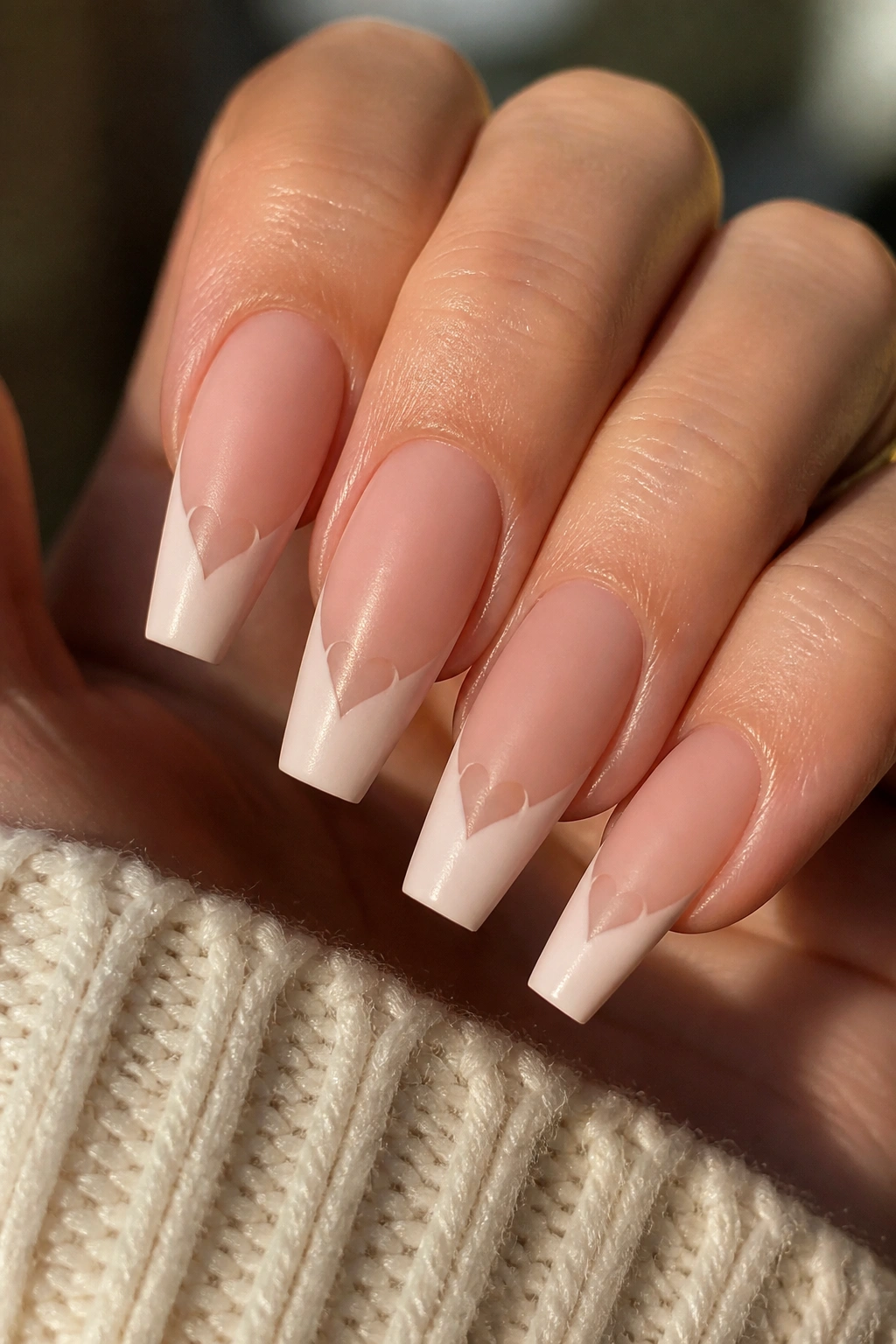 Close-up of nude French tips on coffin nails with heart cutout smile line.