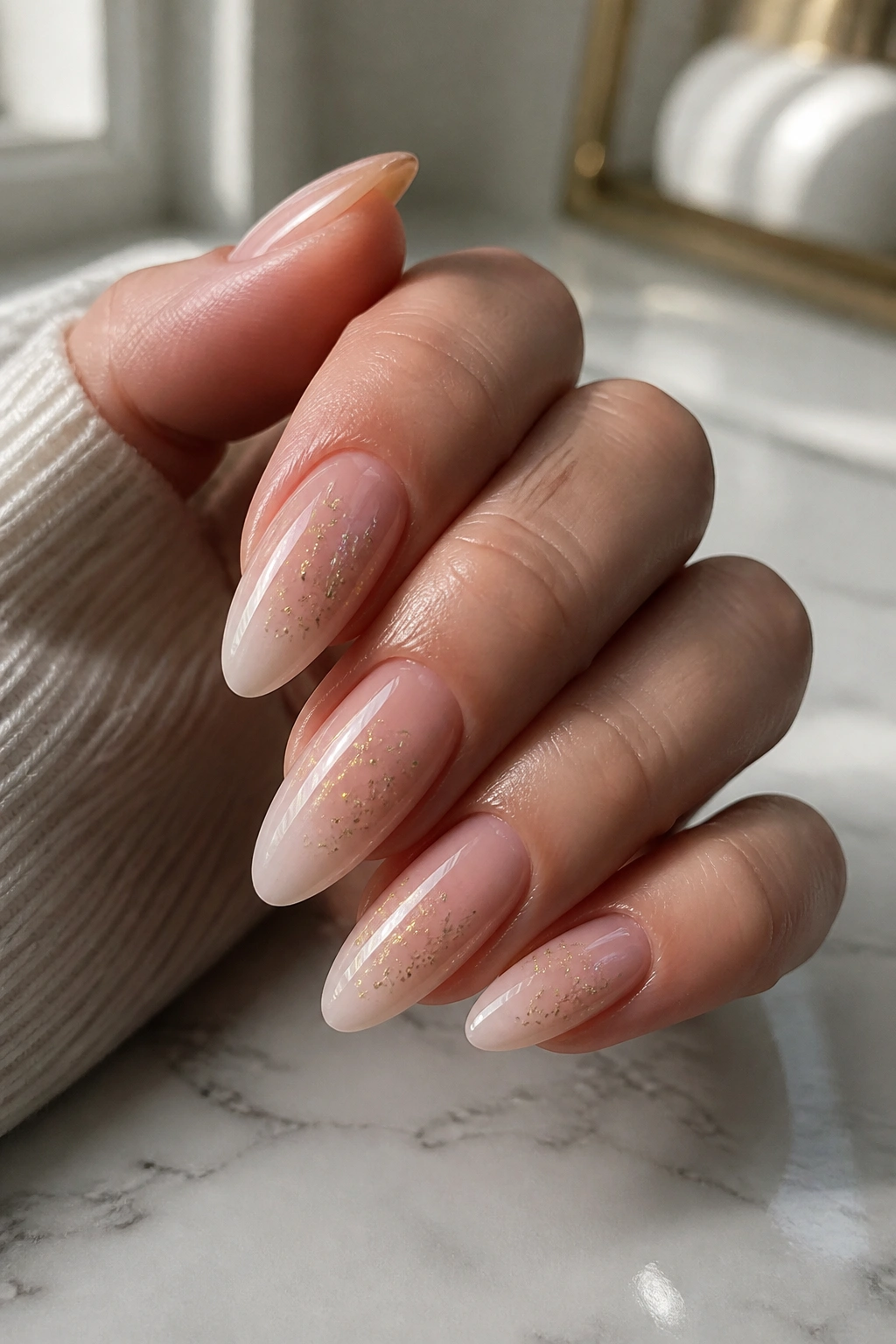 Close-up of nude ombre almond nails with gold foil flecks on a real hand, glossy finish