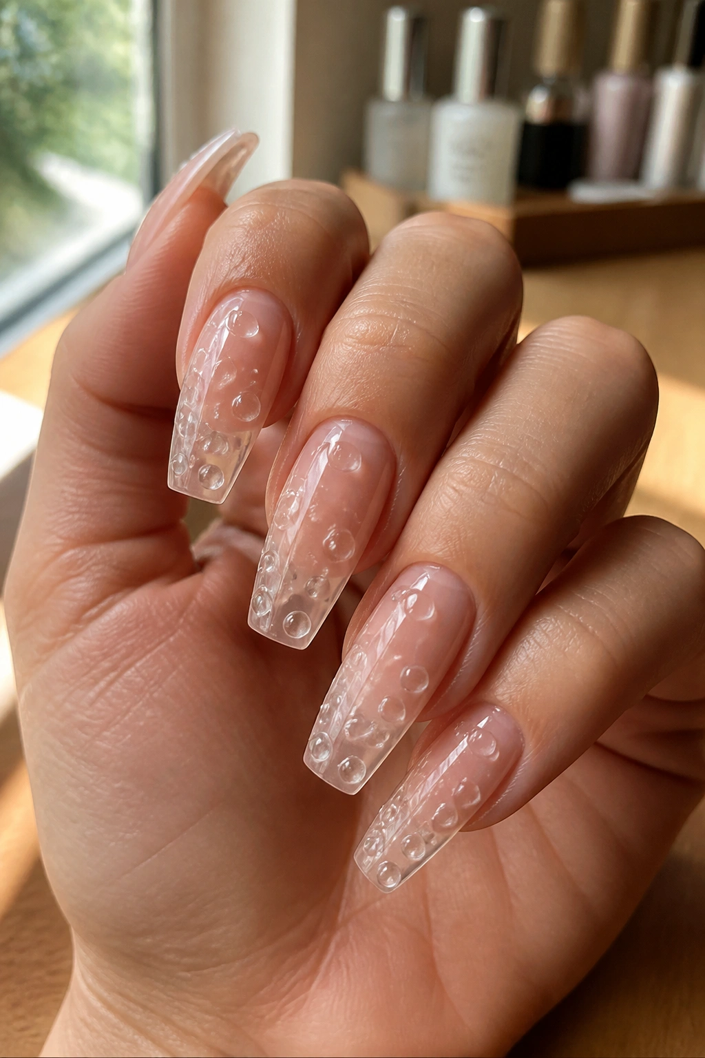 Close-up of transparent nude gel nails with raised 3D bubble dots on a real hand.