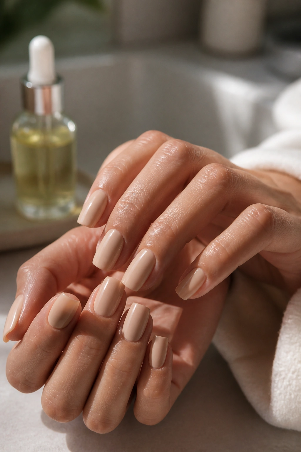 Hands with nude coffin nails shown in a bathroom vanity setting