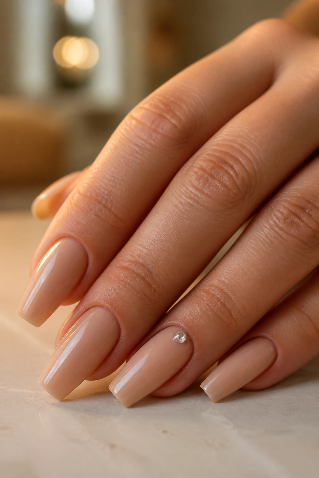 Close-up of nude coffin nails with a single crystal at the cuticle on a real hand