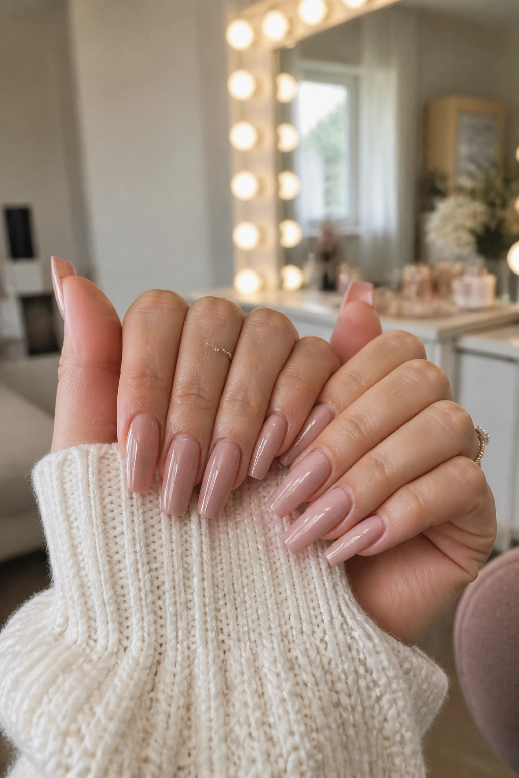 Close-up of hands with neat nude coffin nails in a dressing room setting